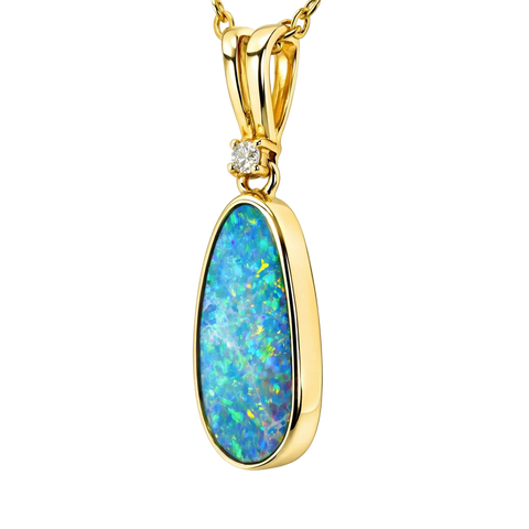 Doublet Opal Pendant in 14K Yellow Gold - Multicolour - Australian Opal Cutters and Pearl Divers
