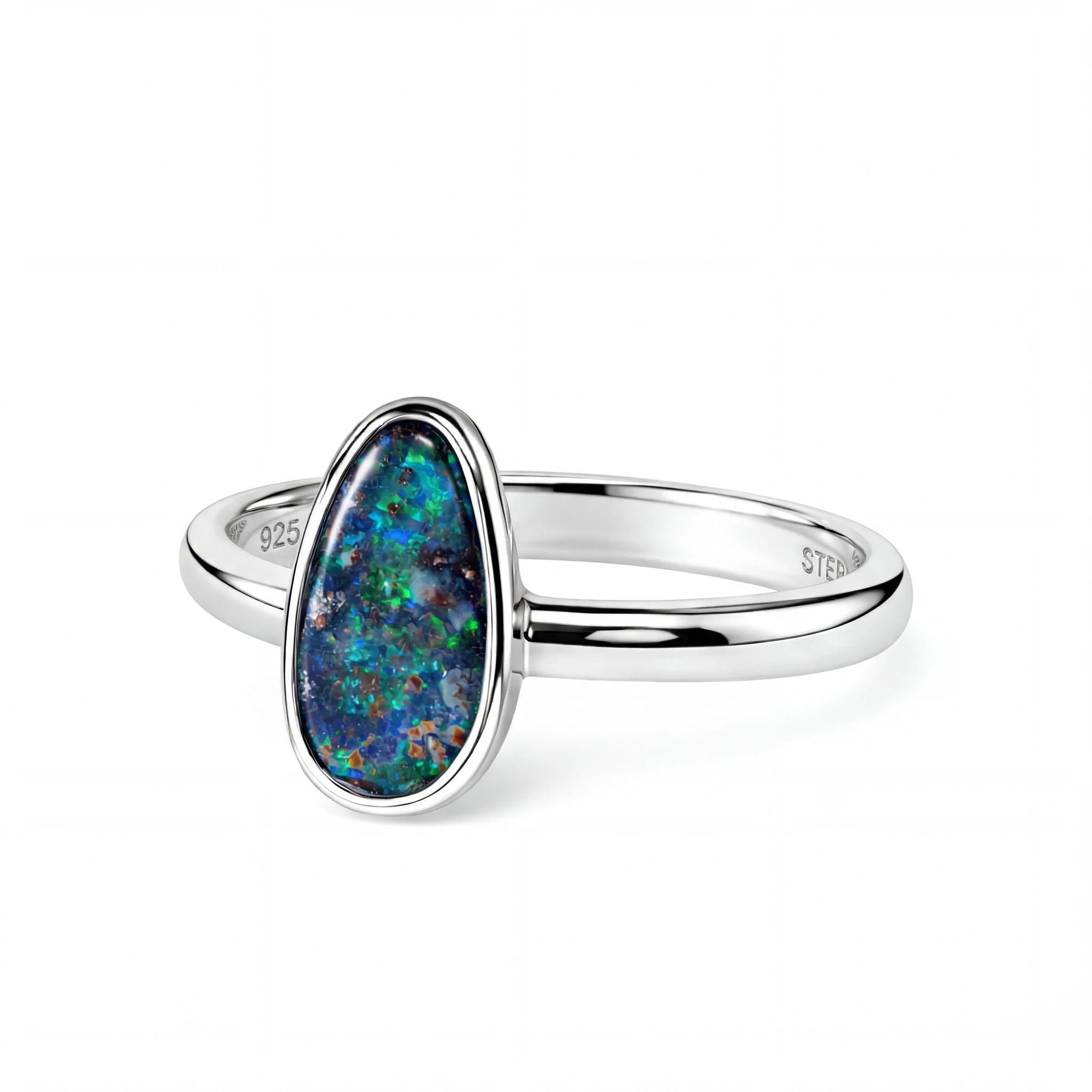 Boulder Opal Ring in 925 Sterling Silver (Green-Blue) - Australian Opal Cutters and Pearl Divers