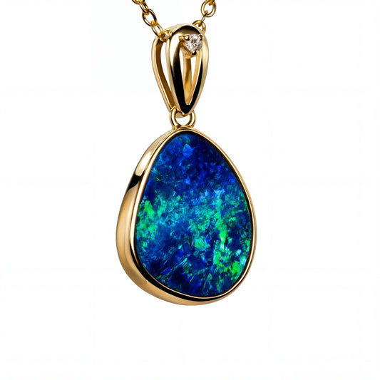 Doublet Opal Pendant in 14K Yellow Gold - Green-Blue