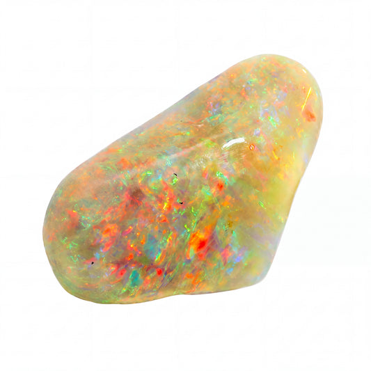 A polished tumbled opal stone with a smooth, irregular teardrop shape, displaying a vibrant play-of-colour with orange, green, blue, and yellow iridescence on a white background.