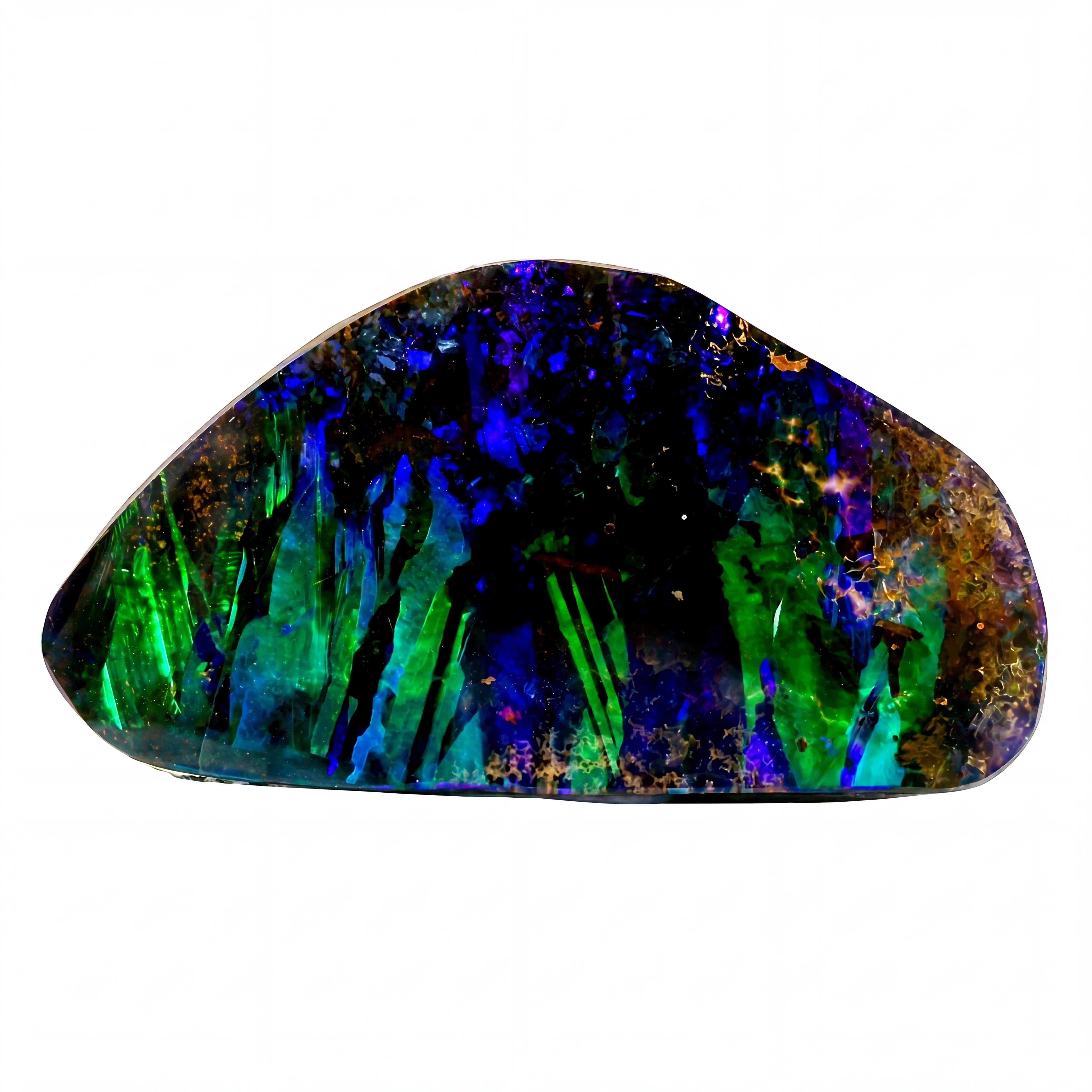 A polished natural opal stone with vibrant iridescent colours, featuring prominent green, blue, and purple hues with gold flecks, set against a plain white background.