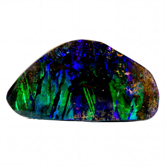 A polished natural opal stone with vibrant iridescent colours, featuring prominent green, blue, and purple hues with gold flecks, set against a plain white background.