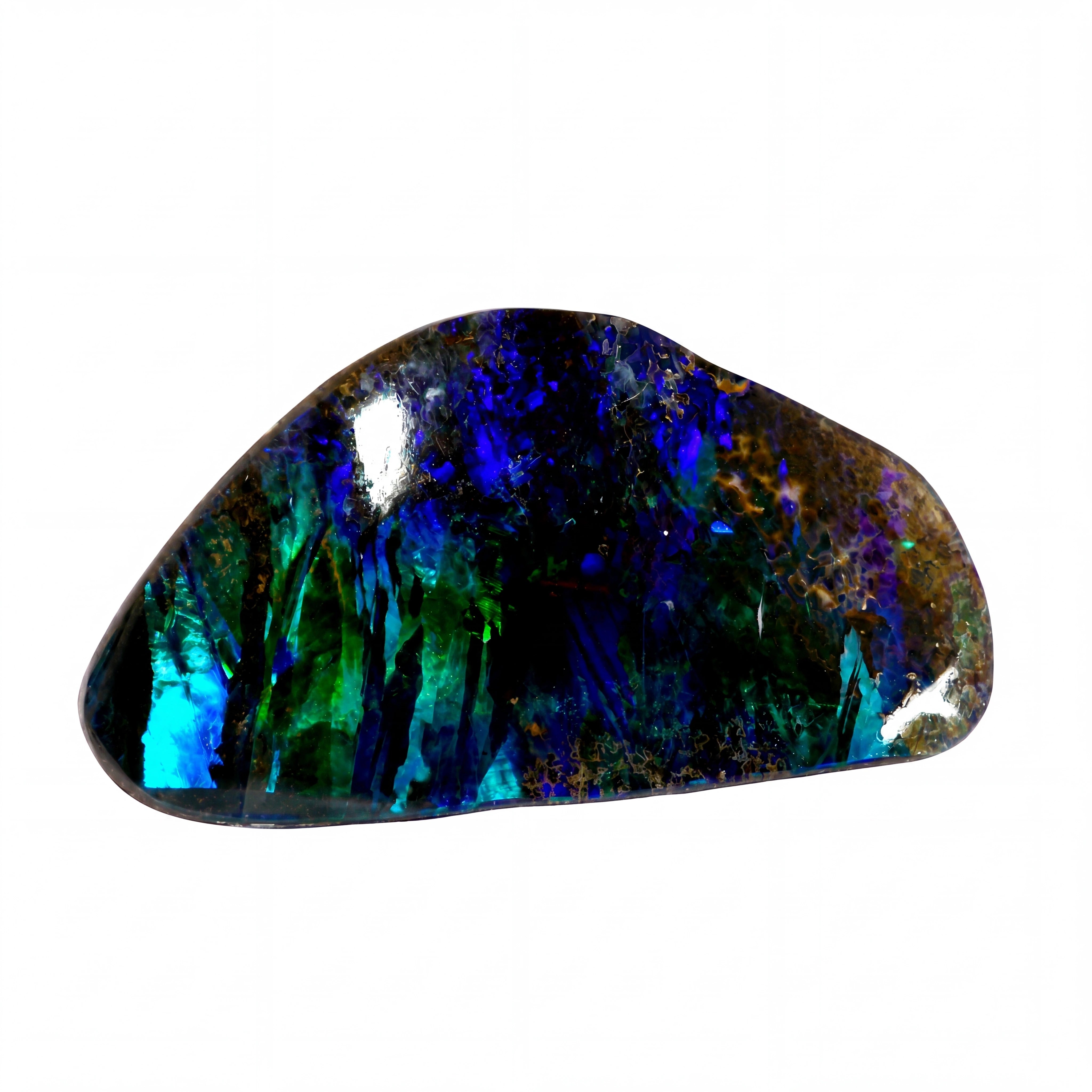 A polished natural opal stone with vibrant iridescent colours, featuring deep blue, emerald green, and hints of gold, set against a plain white background.