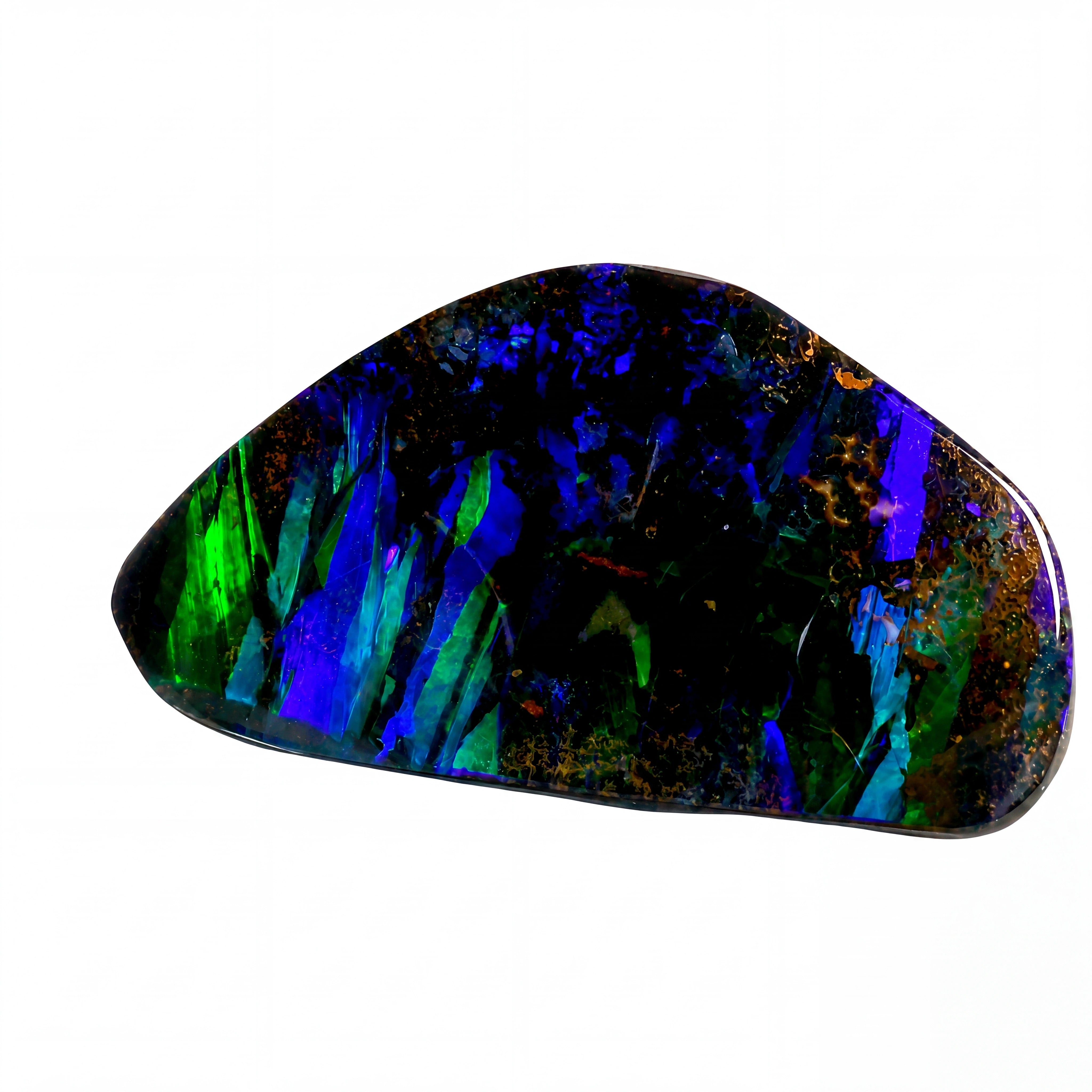 A polished natural opal stone with vibrant iridescent colours, featuring blue, green, purple, and black flashes with hints of gold, photographed on a solid white background.