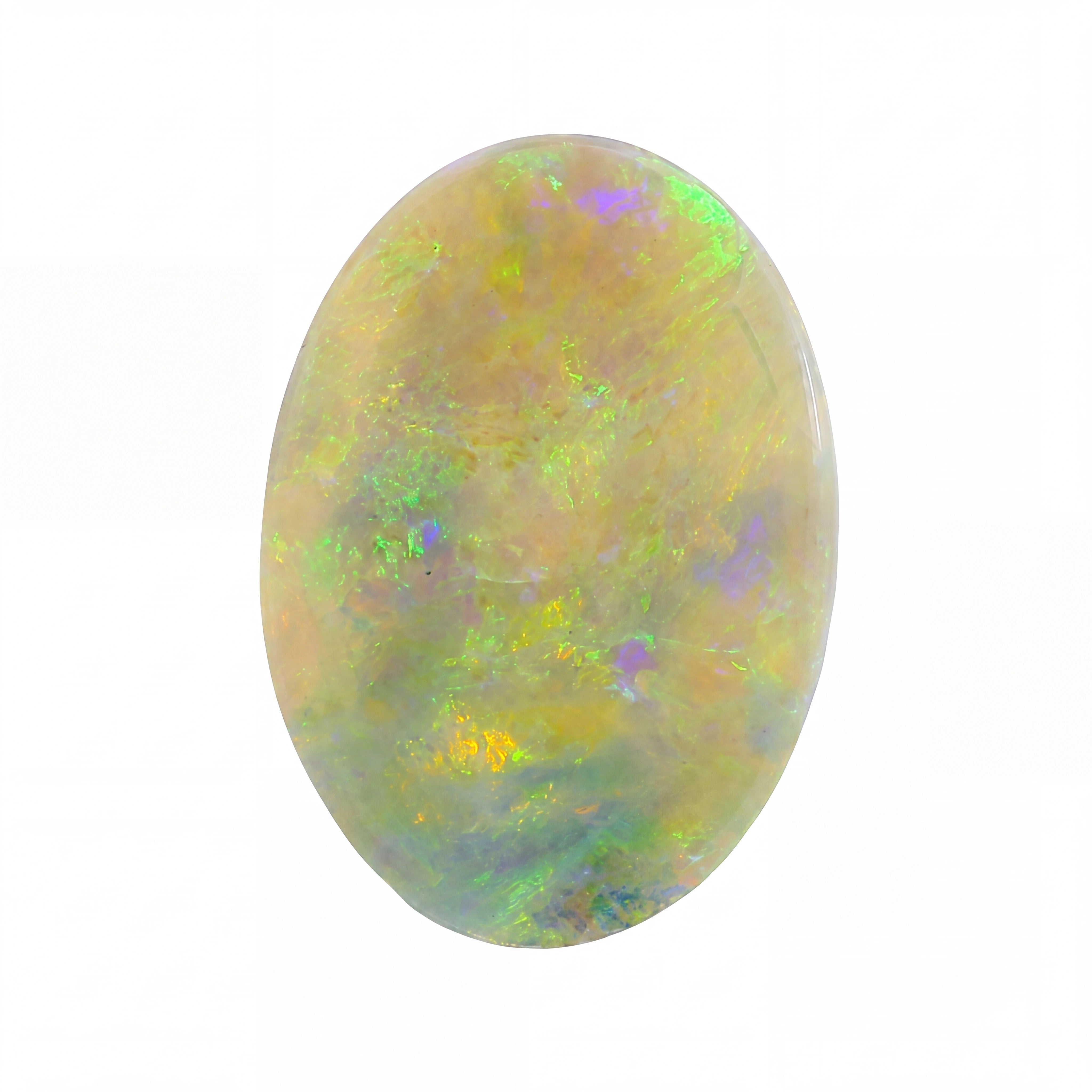A polished oval cabochon opal gemstone displaying a play-of-colour with iridescent flashes of green, yellow, orange, and purple on a white background.