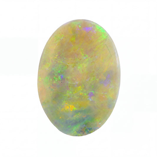 A polished oval cabochon opal gemstone displaying a play-of-colour with iridescent flashes of green, yellow, orange, and purple on a white background.