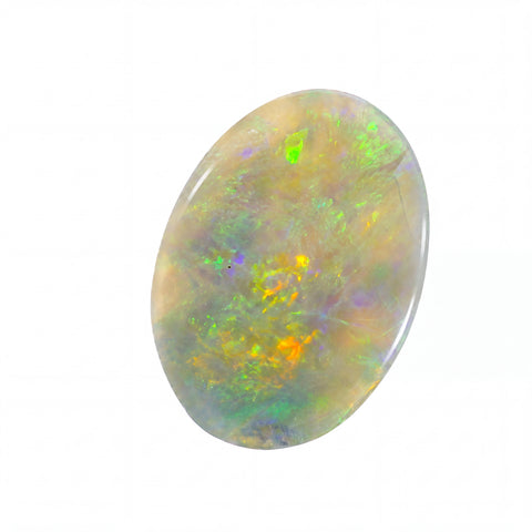 An oval cabochon opal gemstone displaying a vibrant play-of-colour with green, orange, yellow, and blue iridescence on a white background.