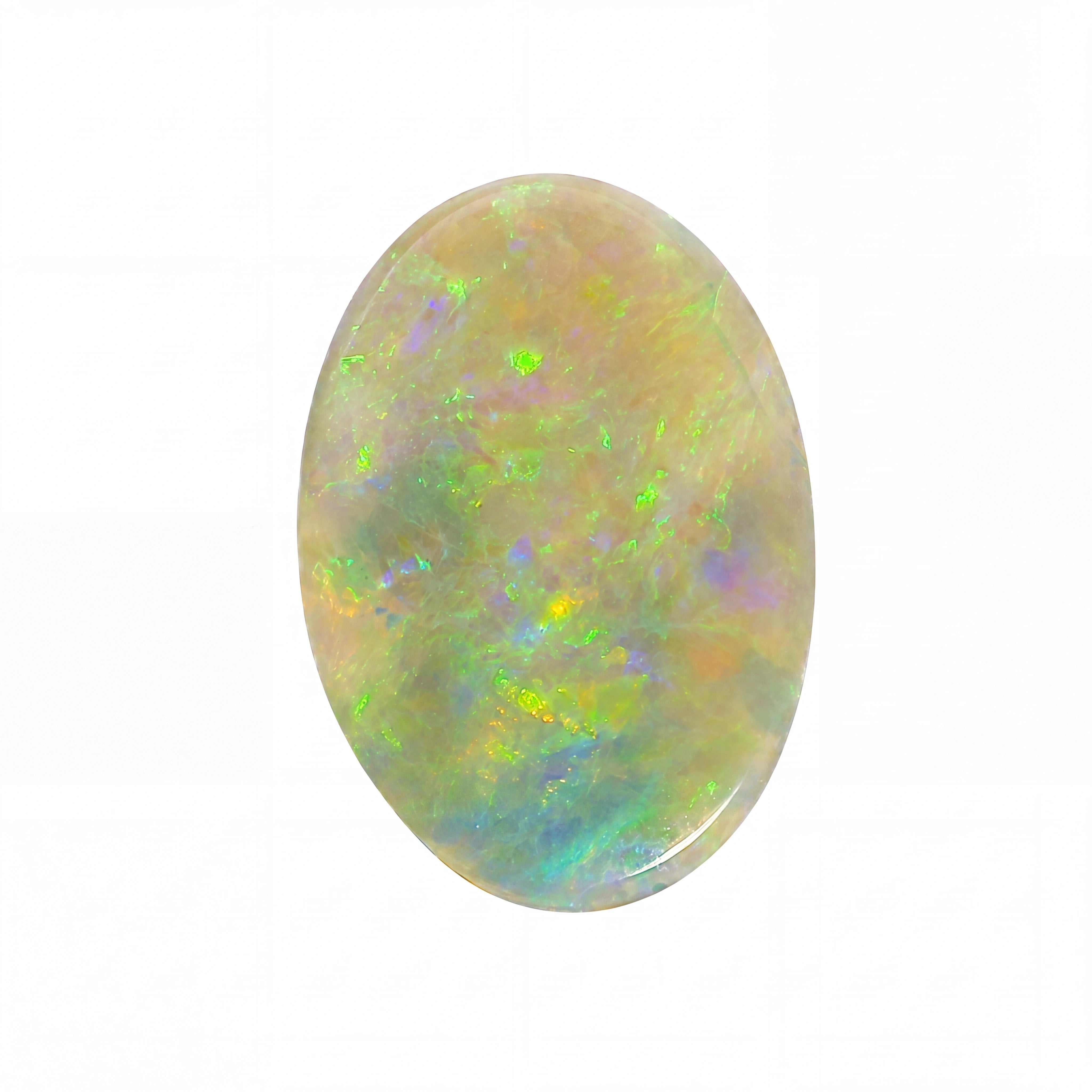An oval cabochon-cut opal gemstone displaying a play-of-colour with vibrant flashes of green, blue, purple, and yellow on a warm beige and white base, isolated on a solid white background.