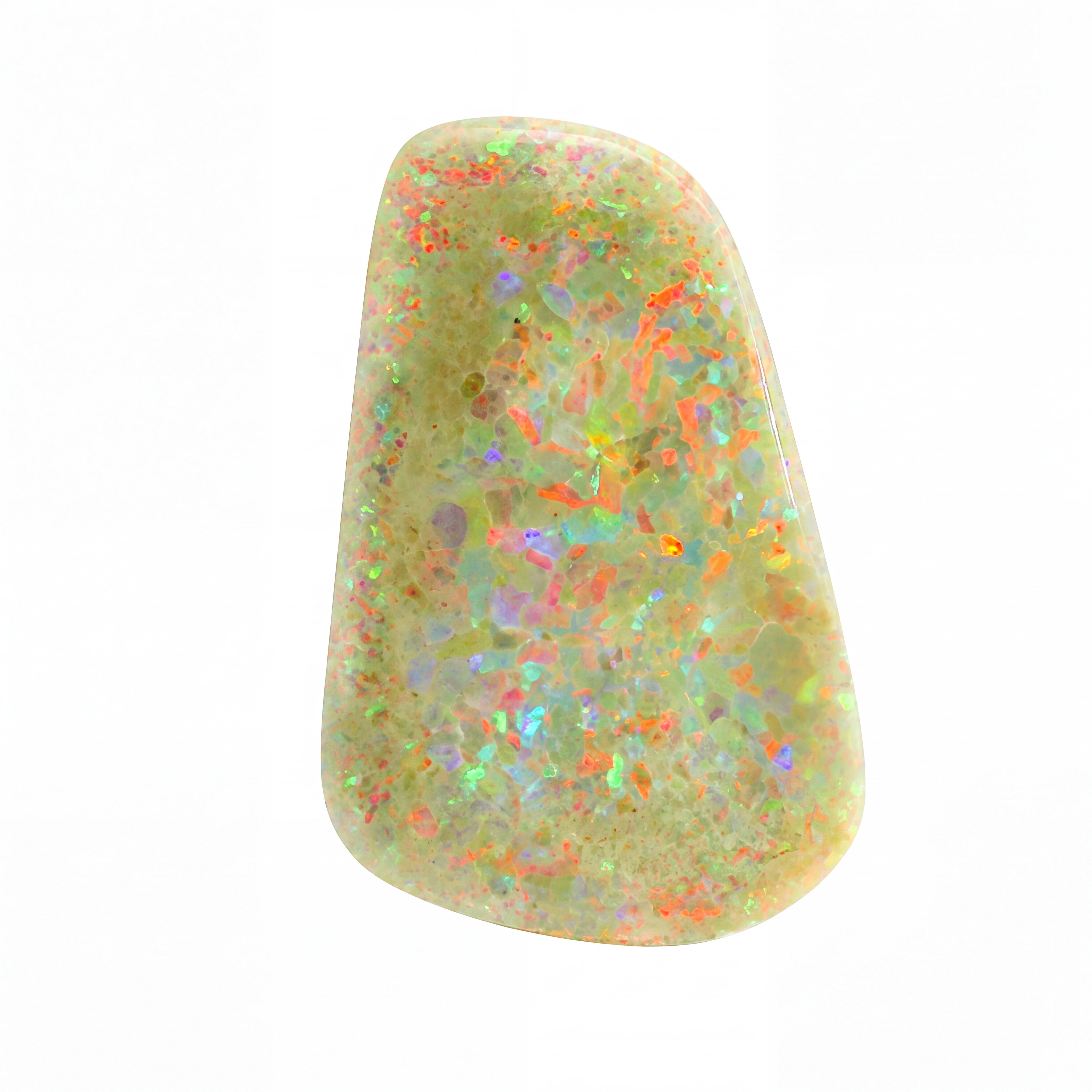 A polished natural opal gemstone with a light olive-green base and vibrant, shifting iridescent flashes of orange, red, blue, and purple, set against a plain white background.