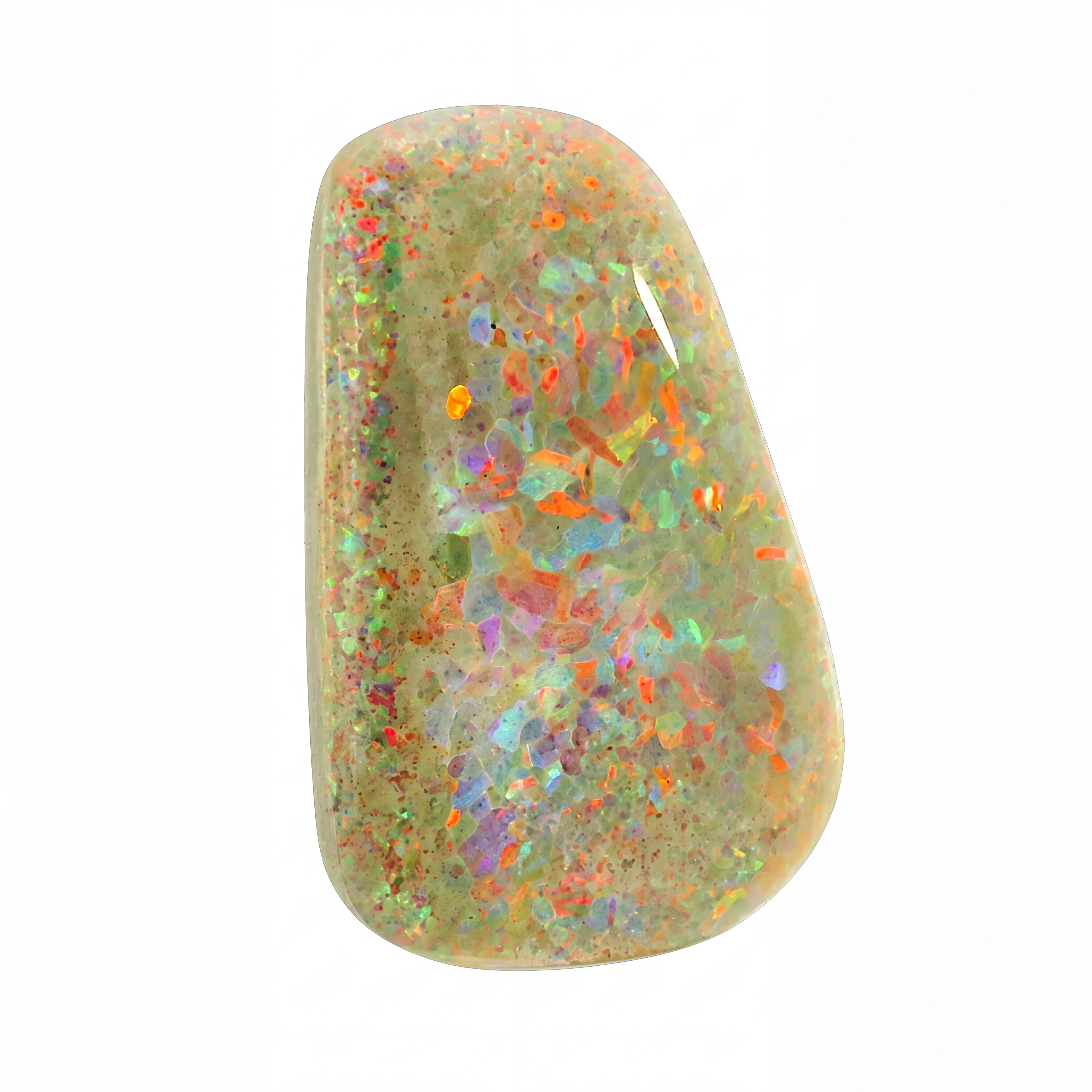A polished natural opal gemstone with a wavy, irregular shape, displaying a mix of beige, green, and vibrant iridescent flashes of orange, red, blue, and purple on a solid white background.