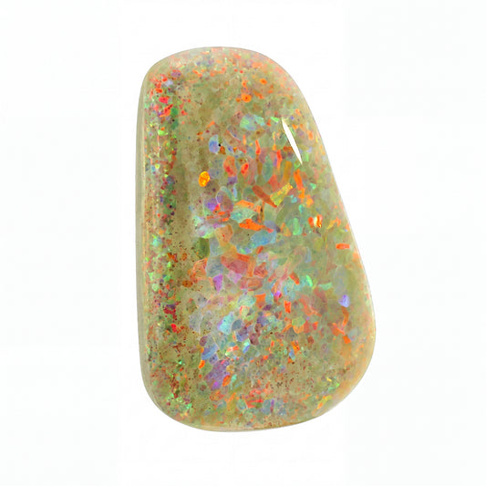 A polished natural opal gemstone with a wavy, irregular shape, displaying a mix of beige, green, and vibrant iridescent flashes of orange, red, blue, and purple on a solid white background.
