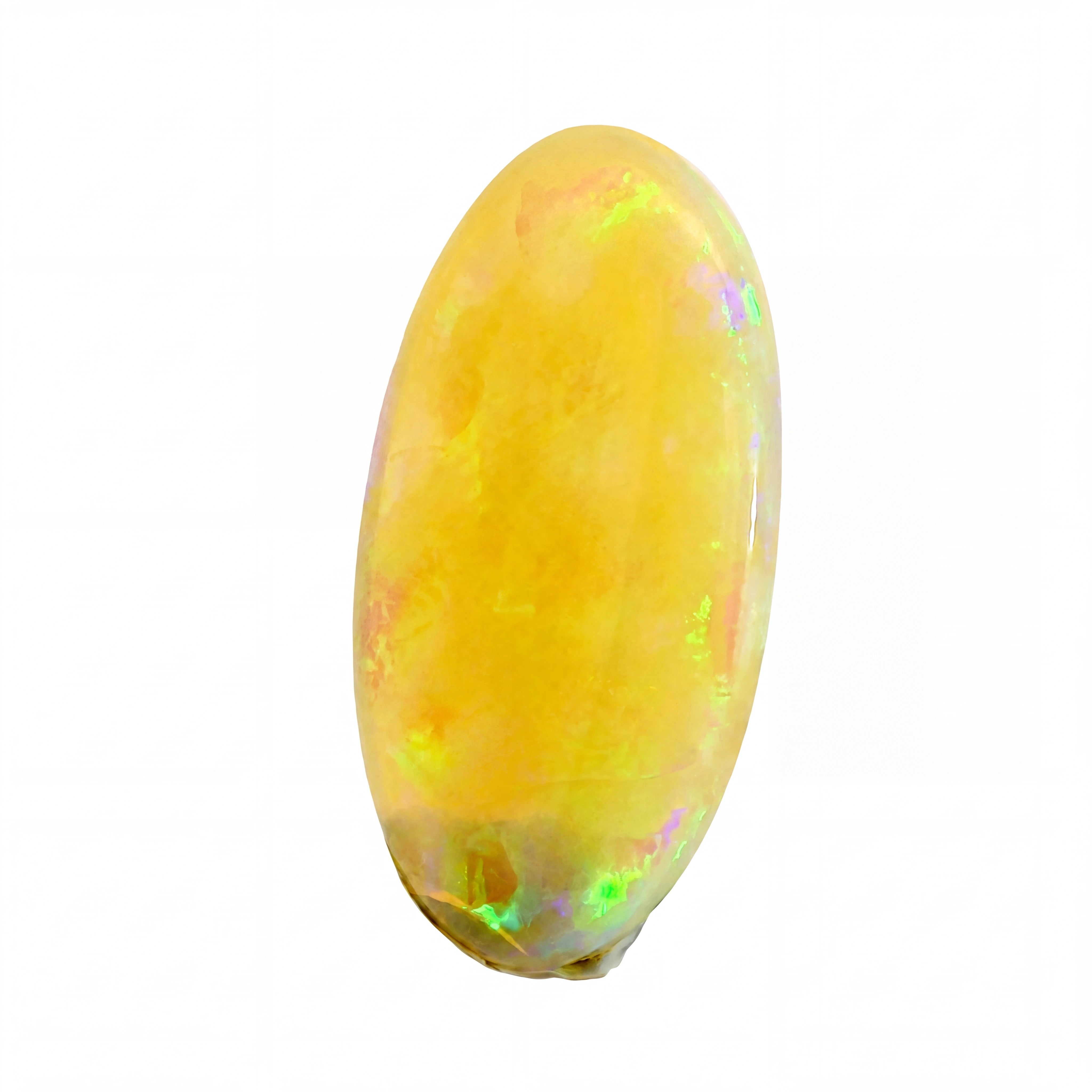 A polished oval cabochon gemstone with a vibrant golden-yellow body and iridescent flashes of green, pink, and blue, set against a plain white background.