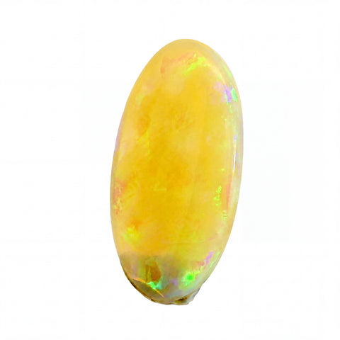A polished oval cabochon gemstone with a vibrant golden-yellow body and iridescent flashes of green, pink, and blue, set against a plain white background.