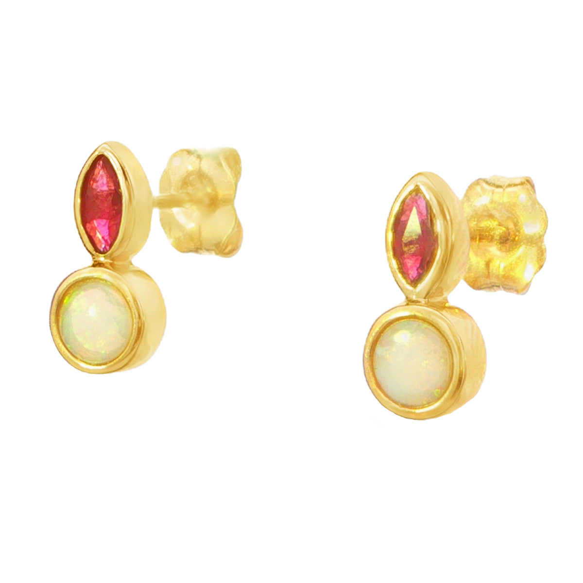 Australian Light Opal Earrings in 14K Yellow Gold with Ruby - Multicolour - Australian Opal Cutters and Pearl Divers