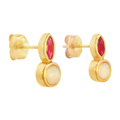 Australian Light Opal Earrings in 14K Yellow Gold with Ruby - Multicolour
