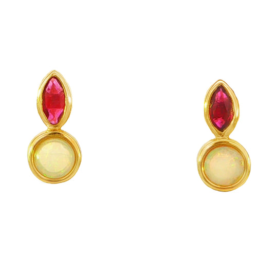 Australian Light Opal Earrings in 14K Yellow Gold with Ruby - Multicolour