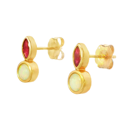 Australian Light Opal Earrings in 14K Yellow Gold with Ruby - Multicolour
