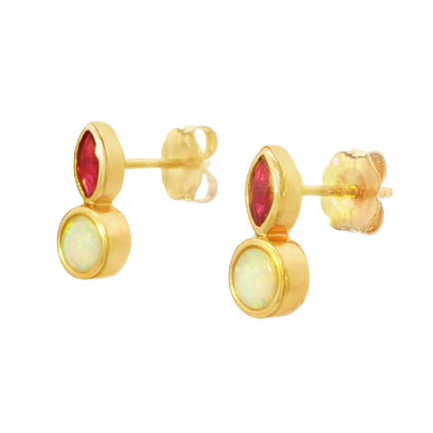 Australian Light Opal Earrings in 14K Yellow Gold with Ruby - Multicolour
