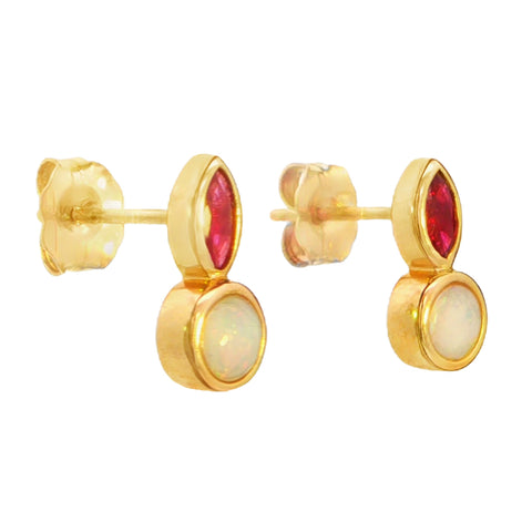 Australian Light Opal Earrings in 14K Yellow Gold with Ruby - Multicolour