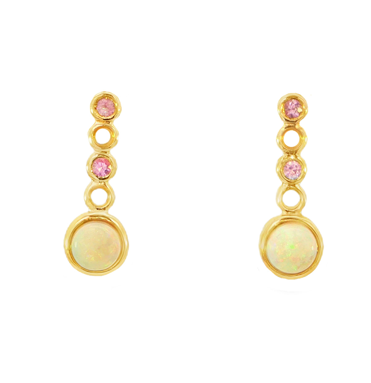 Australian Light Opal Earrings in 14K Yellow Gold with Pink Sapphire - Multicolour