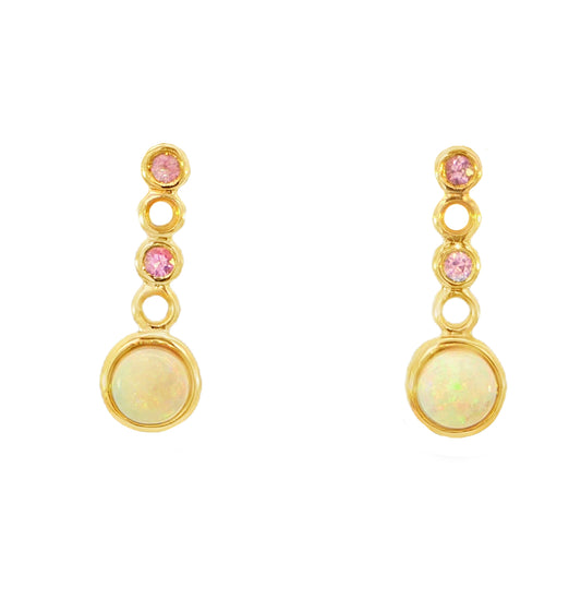 Australian Light Opal Earrings in 14K Yellow Gold with Pink Sapphire - Multicolour