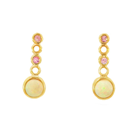 Australian Light Opal Earrings in 14K Yellow Gold with Pink Sapphire - Multicolour