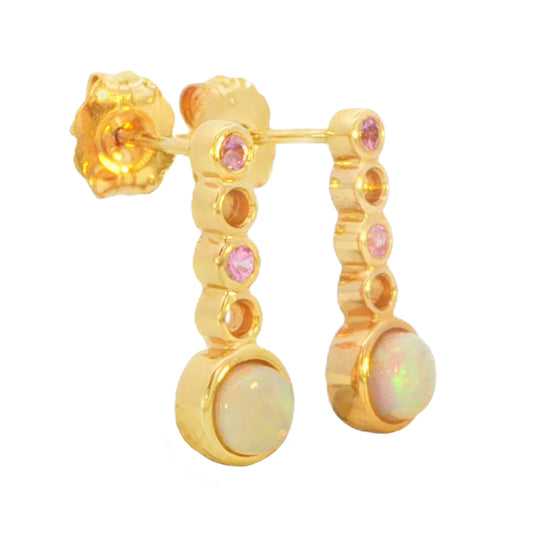 Australian Light Opal Earrings in 14K Yellow Gold with Pink Sapphire - Multicolour