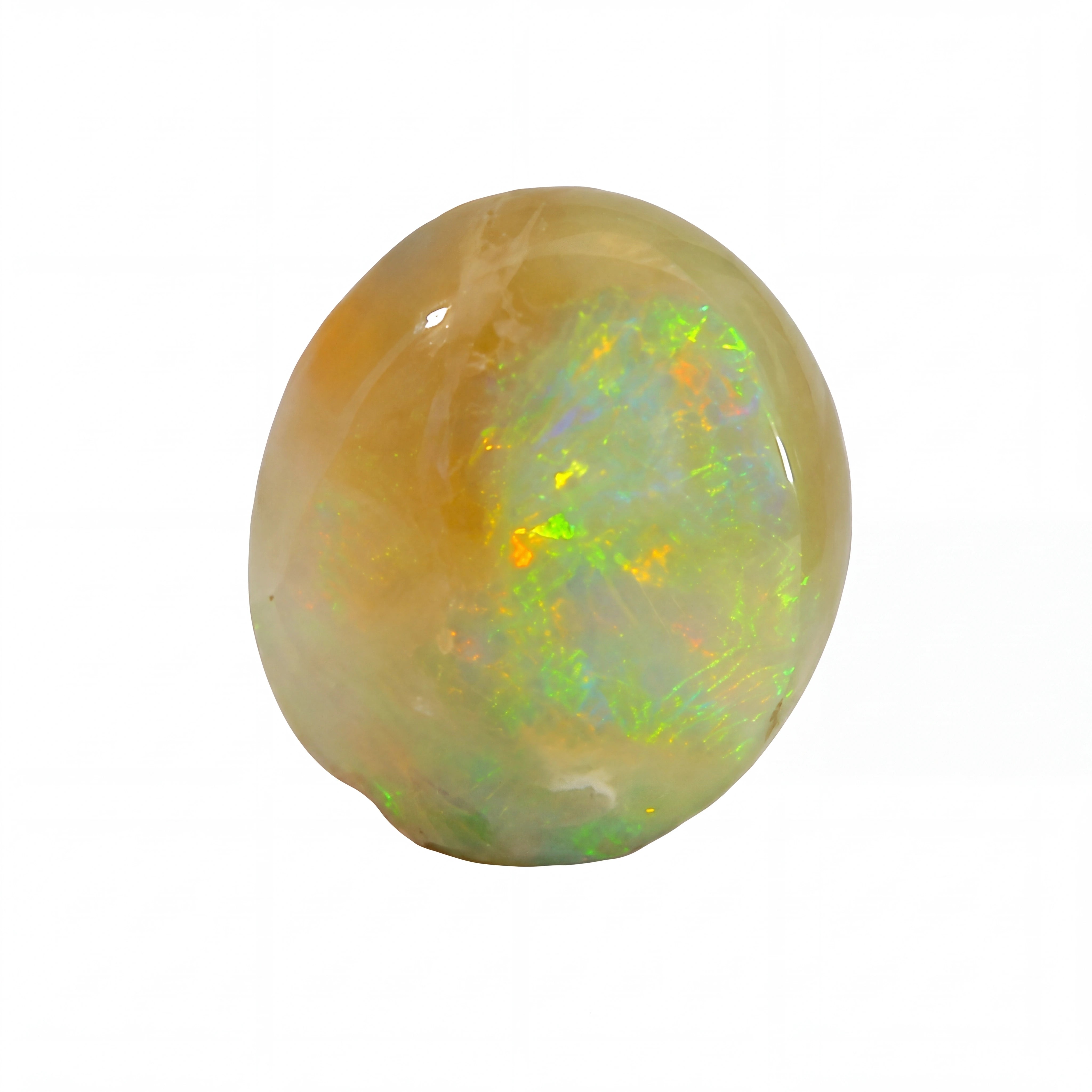 A polished oval cabochon gemstone showing a milky white and pale yellow base with vivid iridescent flashes of green, orange, and blue, isolated on a white background.