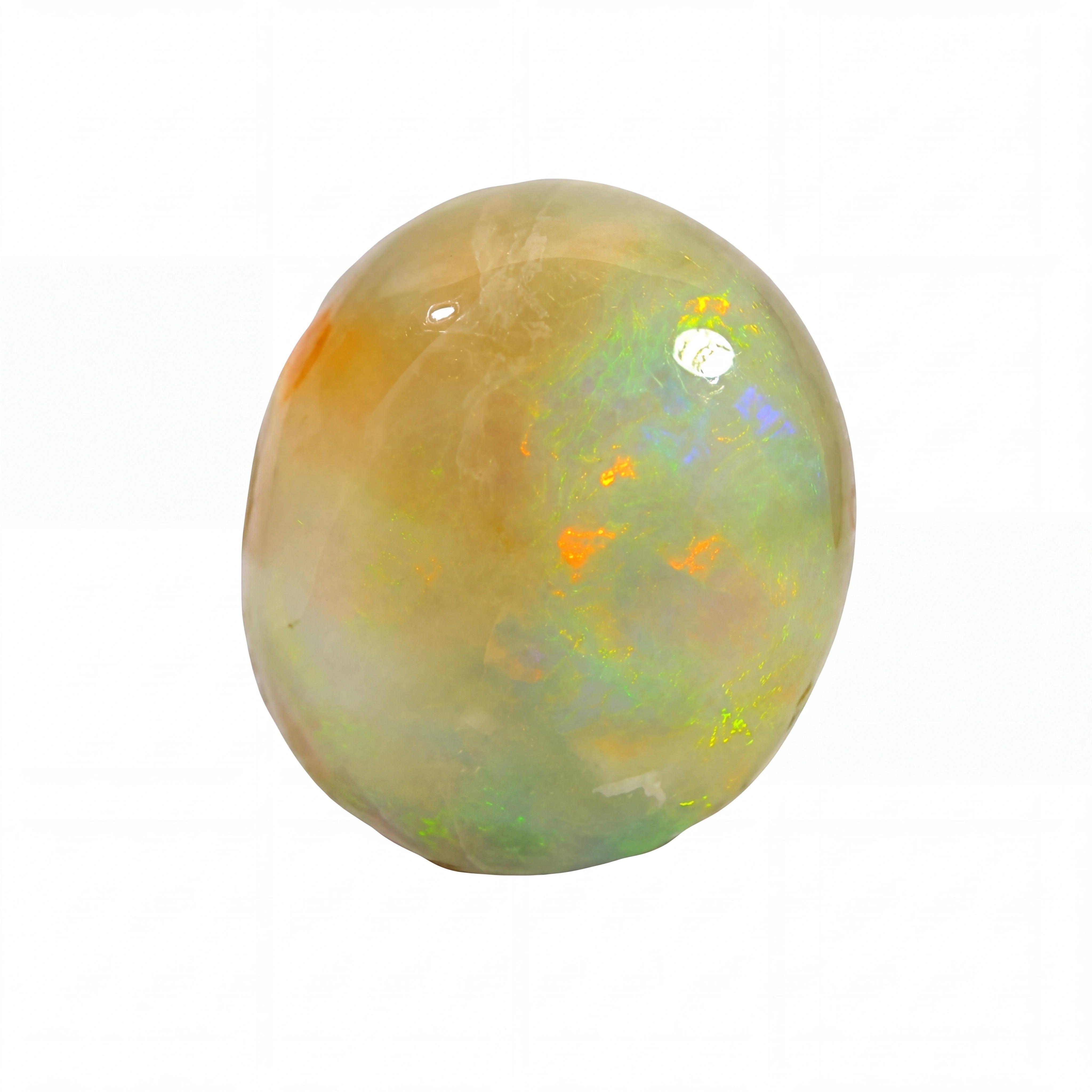 A polished cabochon opal gemstone with a rounded, oval shape, displaying a mix of creamy beige, soft green, and vibrant flashes of orange, blue, and yellow on a solid white background.