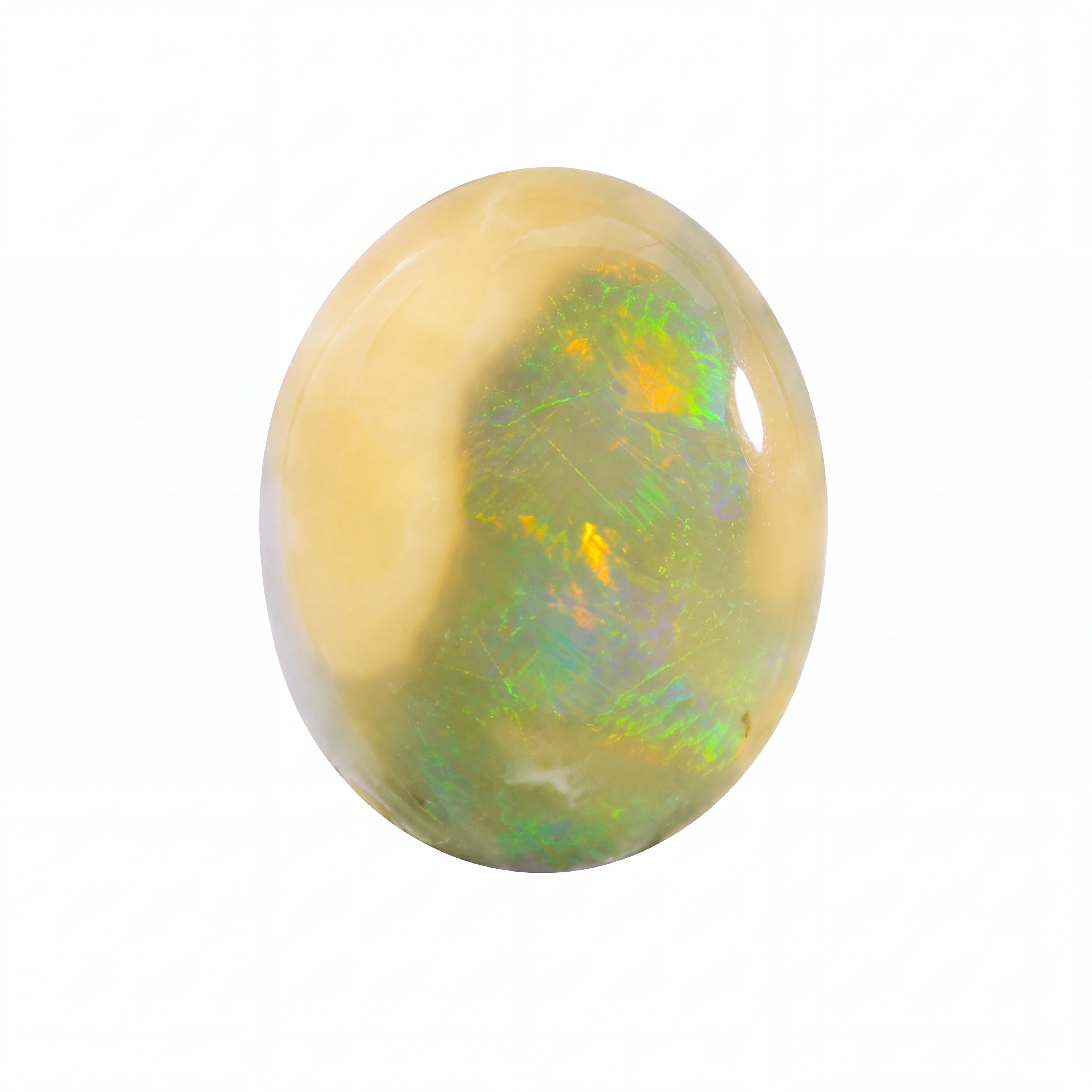 A polished oval cabochon gemstone featuring a creamy yellow base with vibrant iridescent flashes of green, blue, and orange, set against a plain white background.