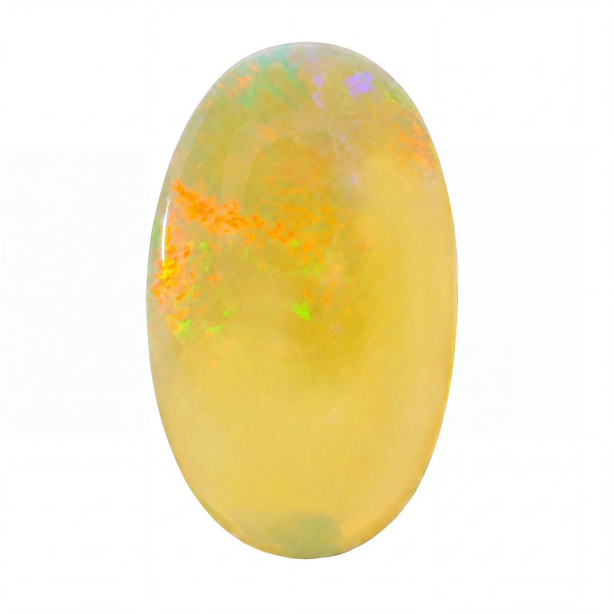 A polished oval cabochon gemstone with a soft yellow body and vibrant iridescent flashes of orange, green, blue, and purple, set against a plain white background.