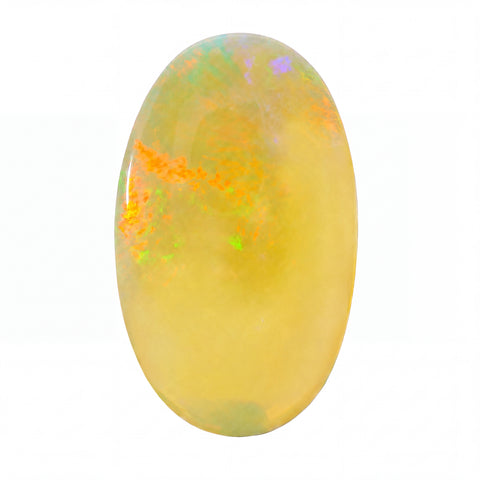 A polished oval cabochon gemstone with a soft yellow body and vibrant iridescent flashes of orange, green, blue, and purple, set against a plain white background.