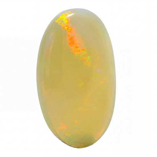 A polished oval cabochon gemstone with a creamy yellow base and vibrant orange, green, and blue flashes, set against a plain white background.