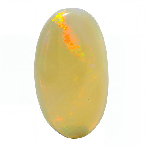A polished oval cabochon gemstone with a creamy yellow base and vibrant orange, green, and blue flashes, set against a plain white background.