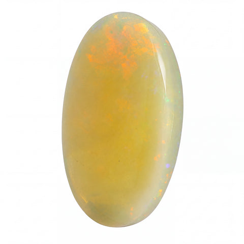 A polished oval cabochon gemstone with a creamy white base and vibrant orange iridescent play-of-colour, shown on a solid white background.