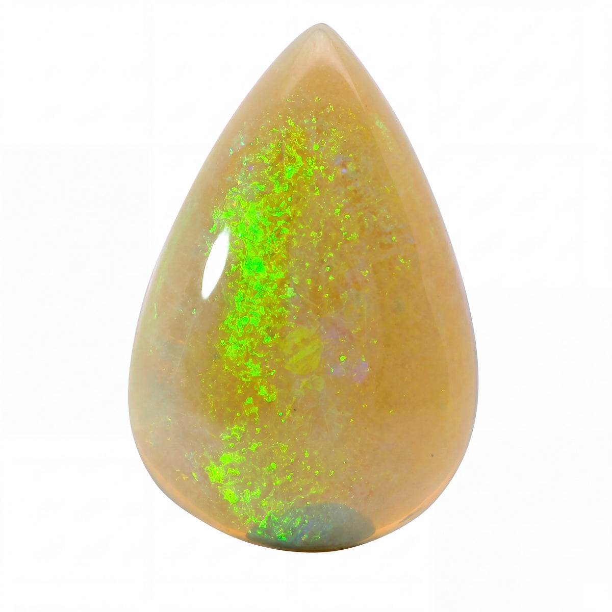 A teardrop-shaped polished opal gemstone with a warm peach-beige base and vibrant neon green flashes, shown on a solid white background.