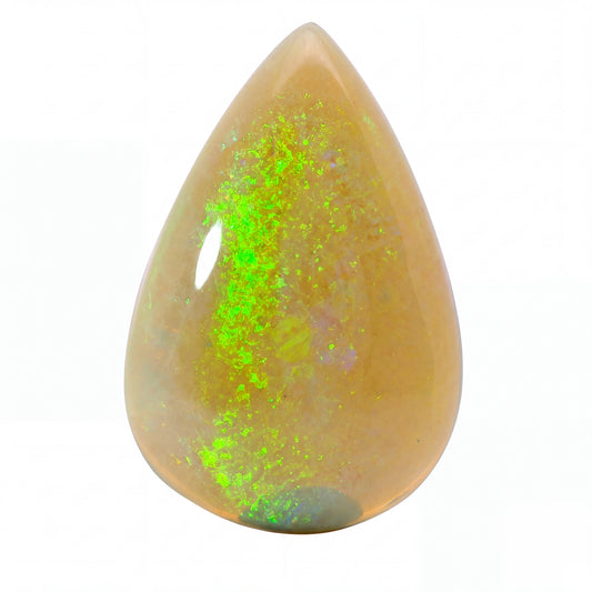 A teardrop-shaped polished opal gemstone with a warm peach-beige base and vibrant neon green flashes, shown on a solid white background.