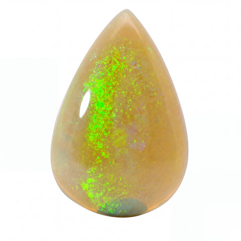 A teardrop-shaped polished opal gemstone with a warm peach-beige base and vibrant neon green flashes, shown on a solid white background.