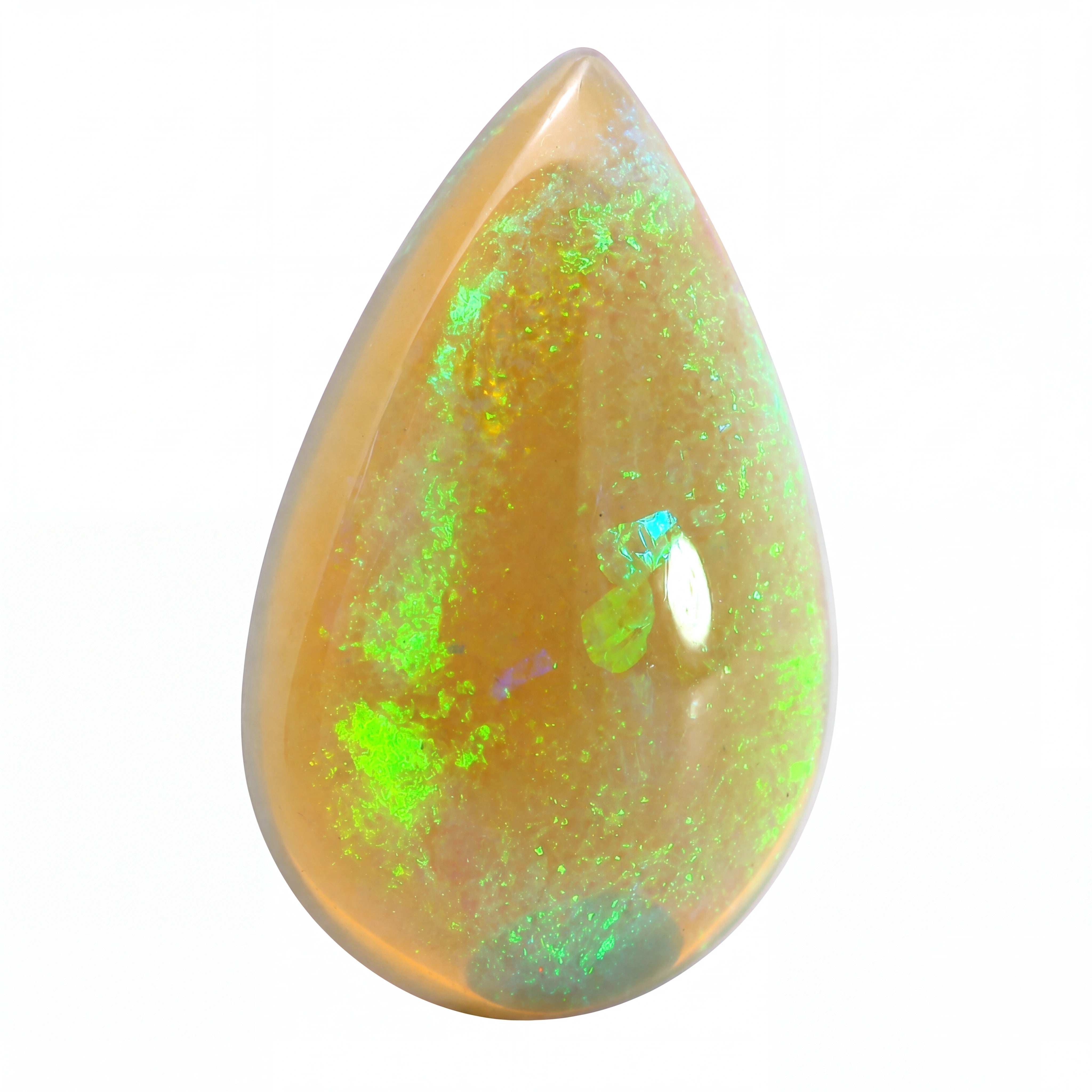 A teardrop-shaped cabochon gemstone featuring a warm amber-brown body with vibrant, shifting flashes of neon green, blue, and orange, set against a plain white background.