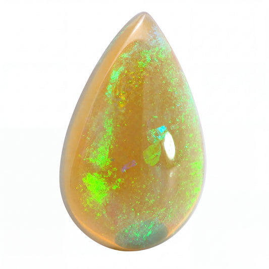 A teardrop-shaped cabochon gemstone featuring a warm amber-brown body with vibrant, shifting flashes of neon green, blue, and orange, set against a plain white background.