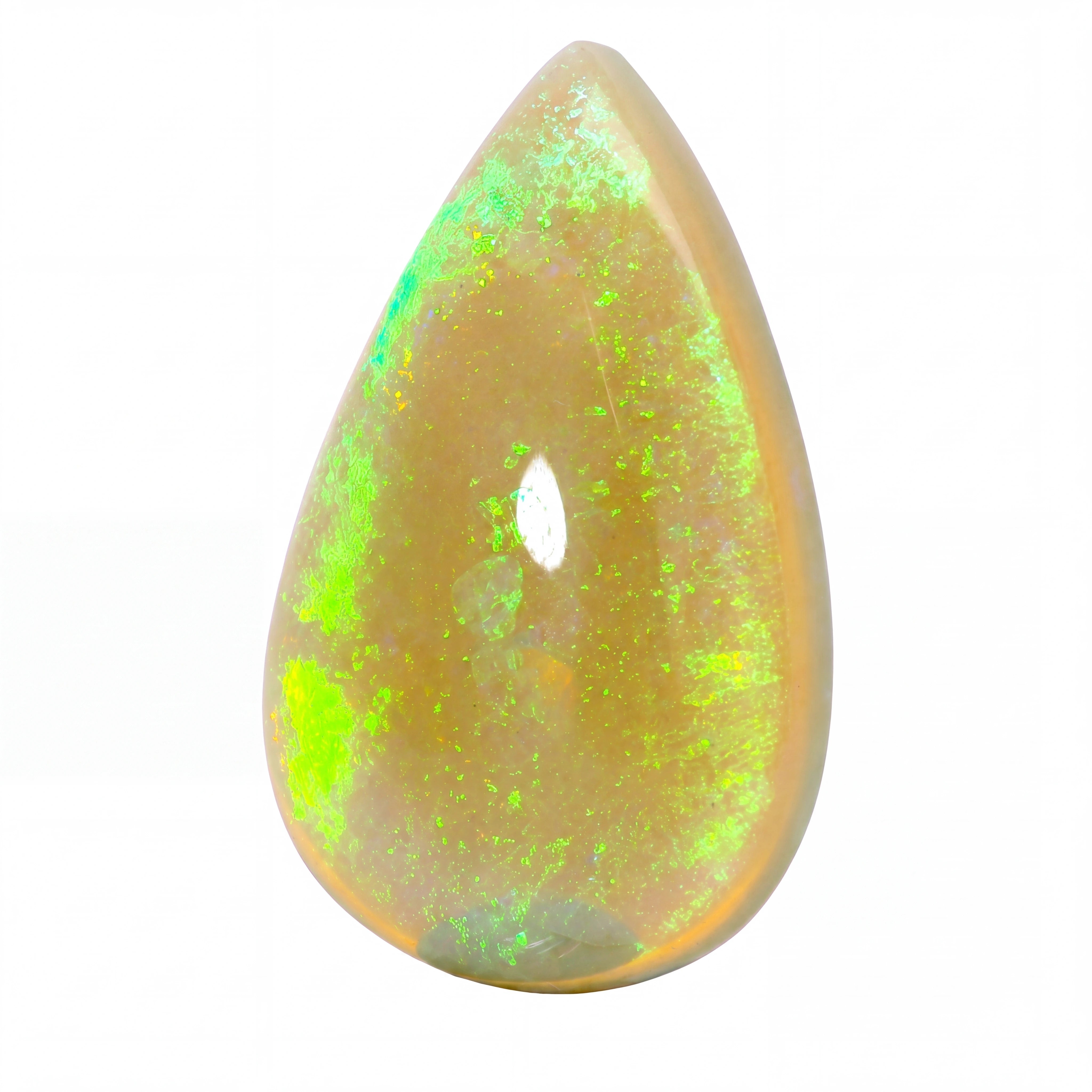 A teardrop-shaped cabochon opal gemstone with a warm golden-brown base and vibrant green iridescent flashes, shown on a solid white background.