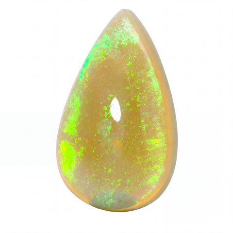 A teardrop-shaped cabochon opal gemstone with a warm golden-brown base and vibrant green iridescent flashes, shown on a solid white background.