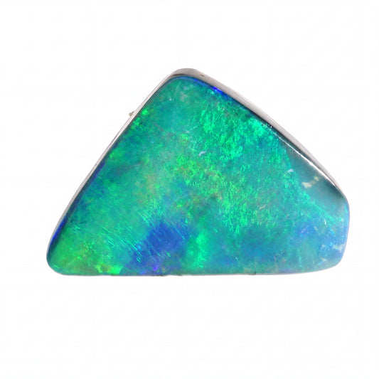 A triangular bezel-set opal gemstone with vibrant green, blue, and orange iridescent play-of-colour, set in a silver-toned metal on a plain white background.
