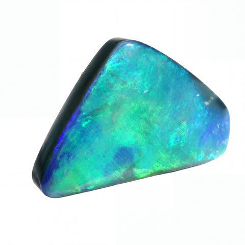 A polished triangular opal stone with vibrant blue, green, and turquoise iridescent colours, set against a plain white background.