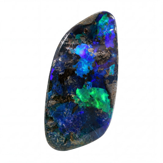 A polished natural opal stone with vibrant iridescent blue, green, purple, and black play-of-colour, set against a plain white background.