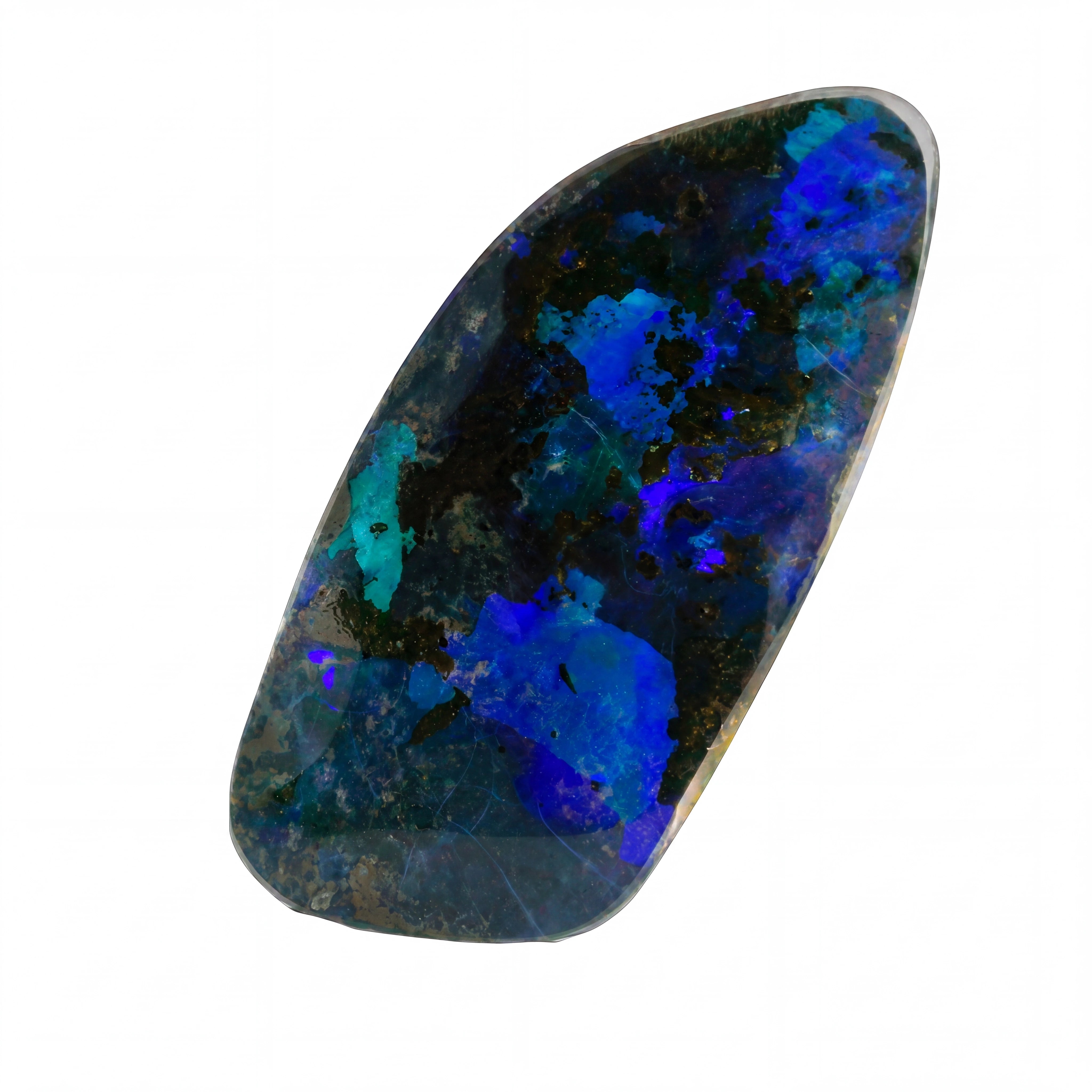 A polished black opal gemstone with vibrant blue, teal, and purple flashes, displayed on a clean white background.