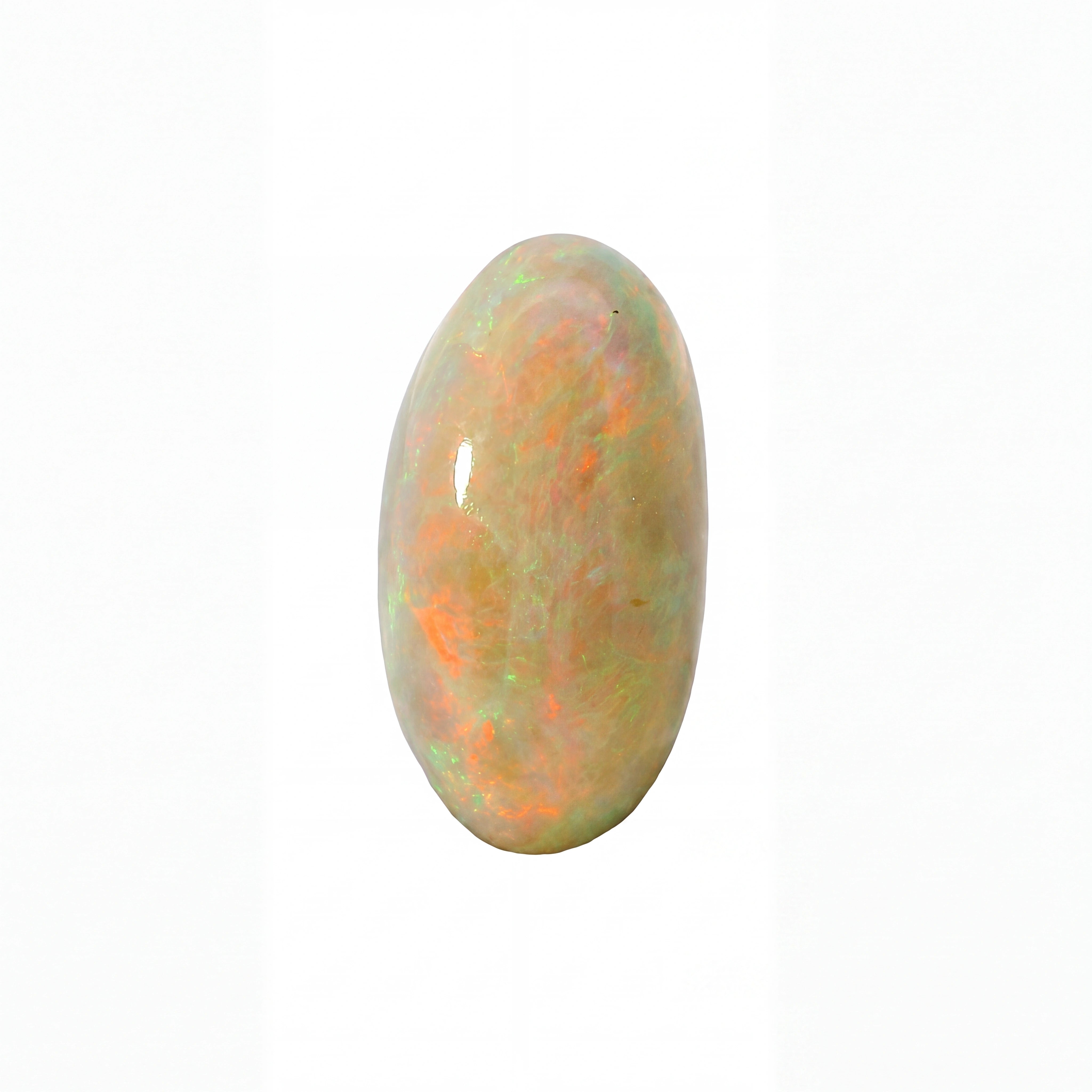 A polished oval cabochon opal gemstone displaying a play-of-colour with orange, green, and cream tones, set against a plain white background.