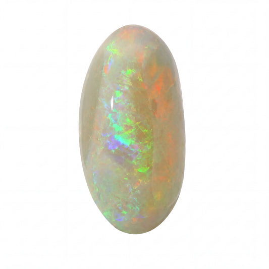 A polished oval cabochon opal gemstone displaying a play-of-colour with vibrant flashes of green, orange, and blue over a warm beige and grey base, set against a plain white background.