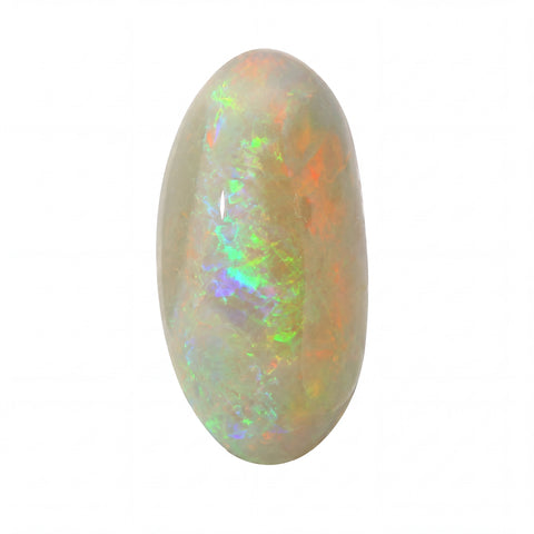 A polished oval cabochon opal gemstone displaying a play-of-colour with vibrant flashes of green, orange, and blue over a warm beige and grey base, set against a plain white background.
