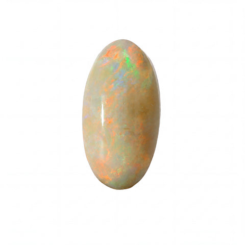 A polished oval cabochon gemstone with a natural opal pattern showing vibrant flashes of orange, green, and blue over a beige base, set against a plain white background.